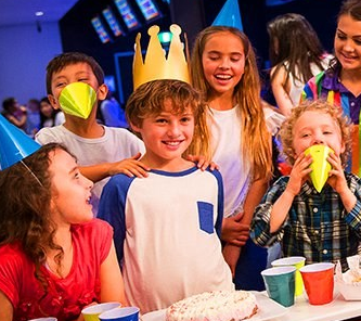 Birthday child with friends and birthday cake